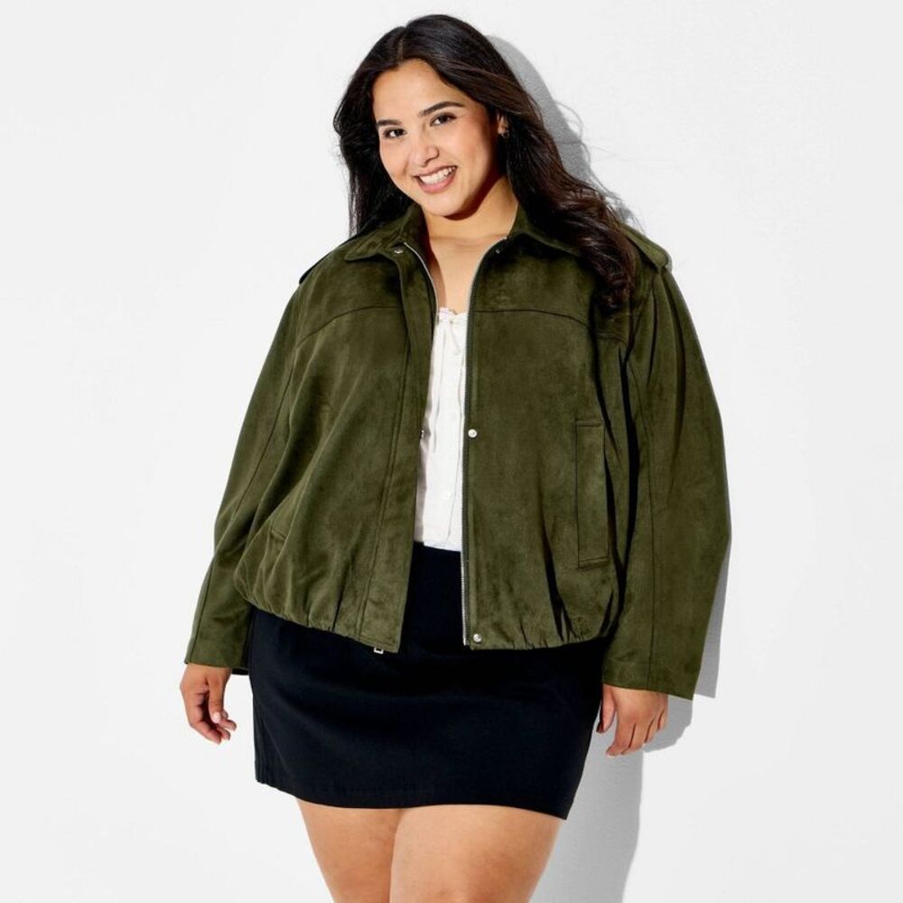Women's Bubble Hem Faux Suede Jacket - Wild Fable Dark Green 2X
